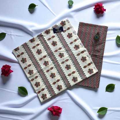 Off White Color Floral Print Top Bottom Set 2.5  Mtr Each