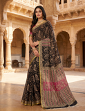 Exclusive Handblock Printed Pure Double Diamond Chiffon Saree in Black with Vibrant Pink & Gold Zari | Premium Bemberg Silk Chiffon with Paisley Pallu