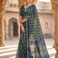 Exclusive Handblock Printed Pure Double Diamond Chiffon Saree in Blue-Green | Premium Bemberg Silk Chiffon with Floral Motifs & Gold Zari Border