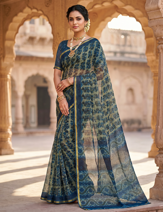 Exclusive Handblock Printed Pure Double Diamond Chiffon Saree in Blue-Green | Premium Bemberg Silk Chiffon with Floral Motifs & Gold Zari Border