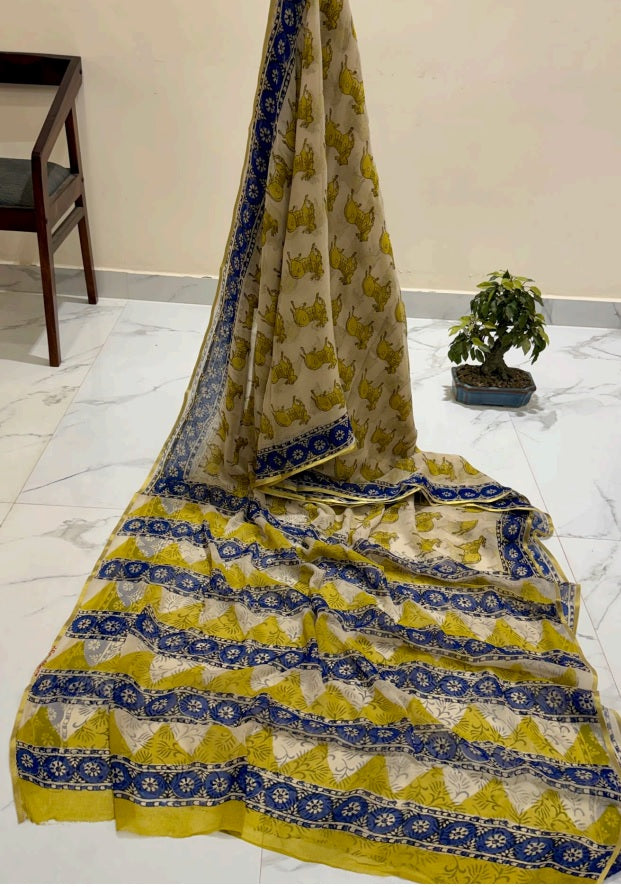 Exclusive Handblock Printed Pure Double Diamond Chiffon Saree in Cream Beige with Yellow & Blue Animal Motifs | Premium Bemberg Silk Chiffon with Royal Zari Border