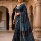 Exclusive Handblock Printed Pure Double Diamond Chiffon Saree in Deep Navy Blue | Premium Bemberg Silk Chiffon with Intricate Gold Zari Border
