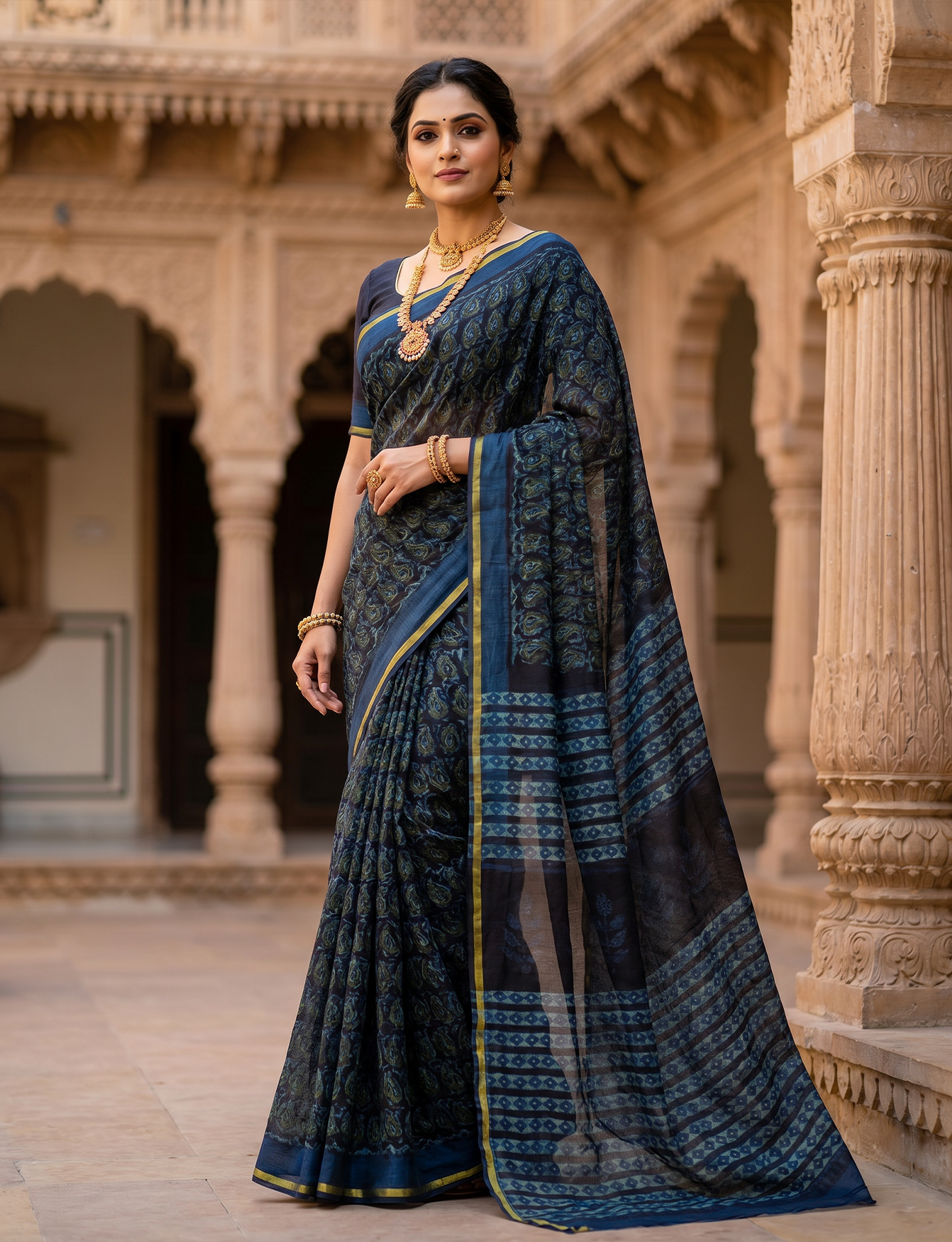 Exclusive Handblock Printed Pure Double Diamond Chiffon Saree in Deep Navy Blue | Premium Bemberg Silk Chiffon with Intricate Gold Zari Border