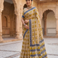 Exclusive Handblock Printed Pure Double Diamond Chiffon Saree in Cream Beige with Yellow & Blue Animal Motifs | Premium Bemberg Silk Chiffon with Royal Zari Border