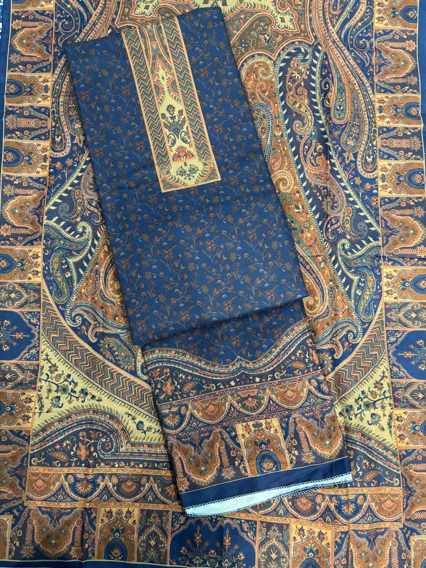 Blue Self Print Panel Style Floral Printed Semi Pashmina Winter Suit Set