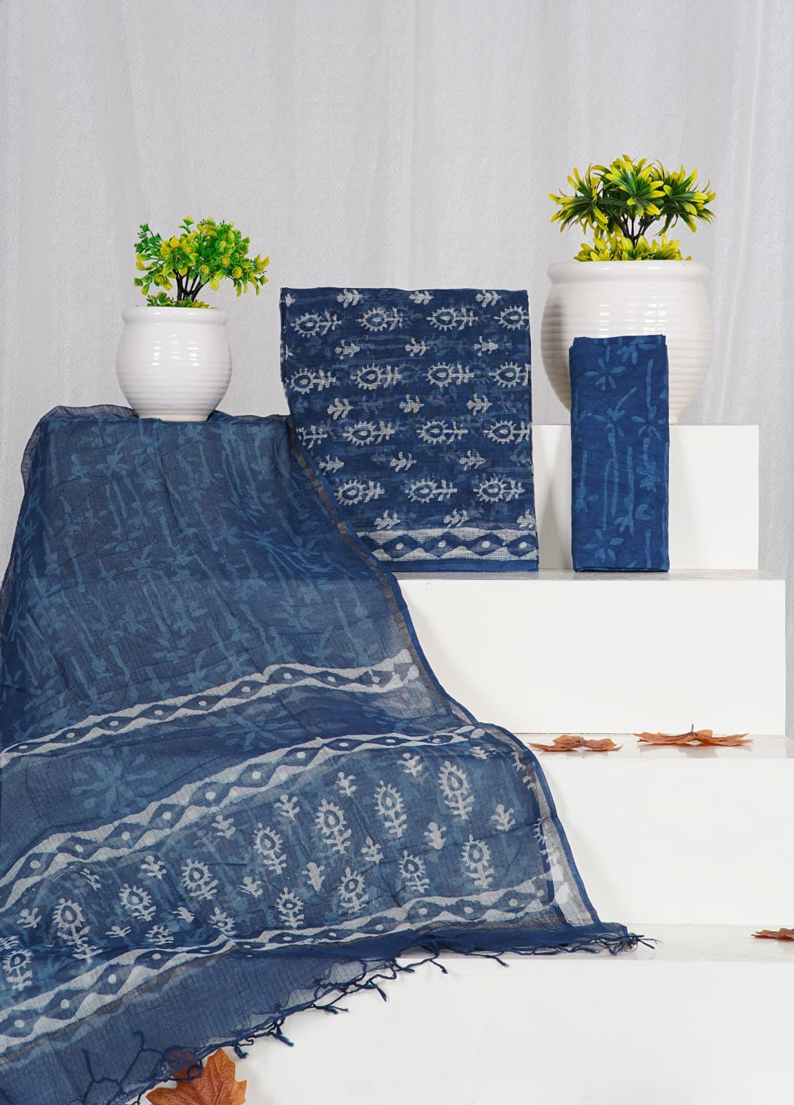 Indigo Dabu Printed Kota Doria Suit Material With Kota Doria Dupatta with Jari Border