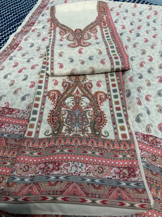 Off White Panel Style Floral Printed Semi Pashmina Winter Suit Set