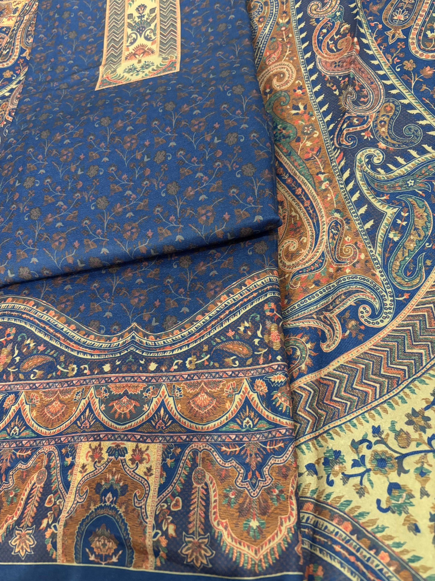 Blue Self Print Panel Style Floral Printed Semi Pashmina Winter Suit Set