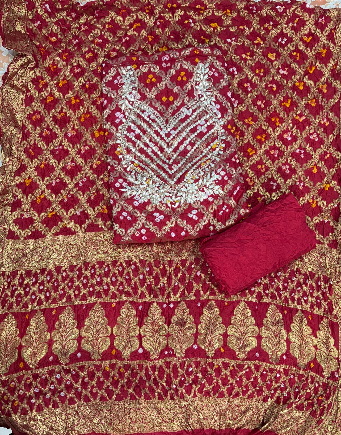 RED COLOUR GHATCHOLA BANDHANI BANARASI SILK FABRIC SUITS WITH BEAUTIFUL HAND GOTAPATTI WORK DUPATTA