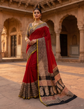 Premium Handblock Printed Pure Double Diamond Chiffon Saree with Matching Blouse Piece – Red & Black Traditional Design