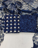 Indigo Hand Block Printed Cotton Suit With Chiffon Dupatta