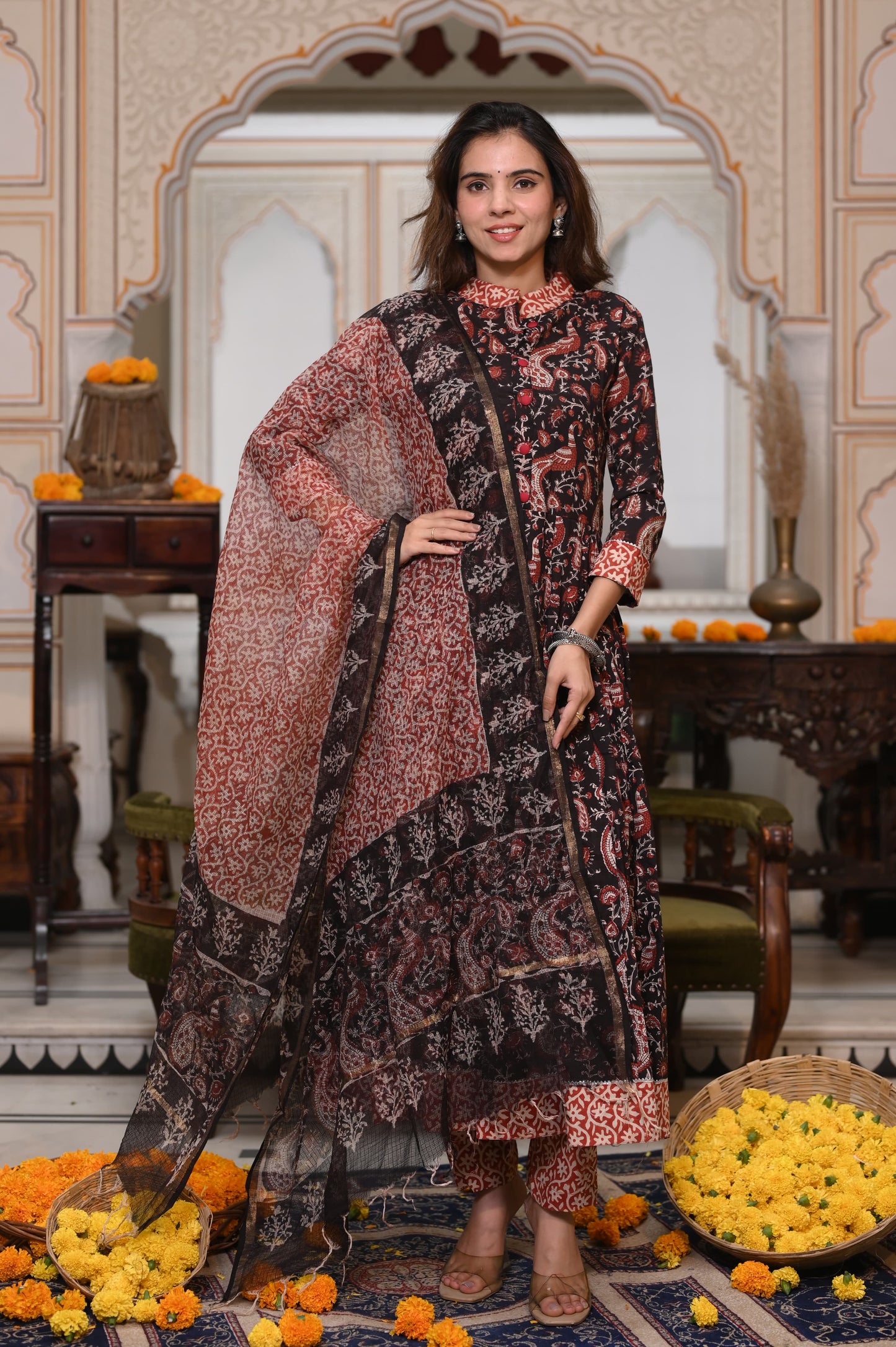 Bagru Handblock Printed Anarkali Set With Kota doria Dupatta with Zari Border