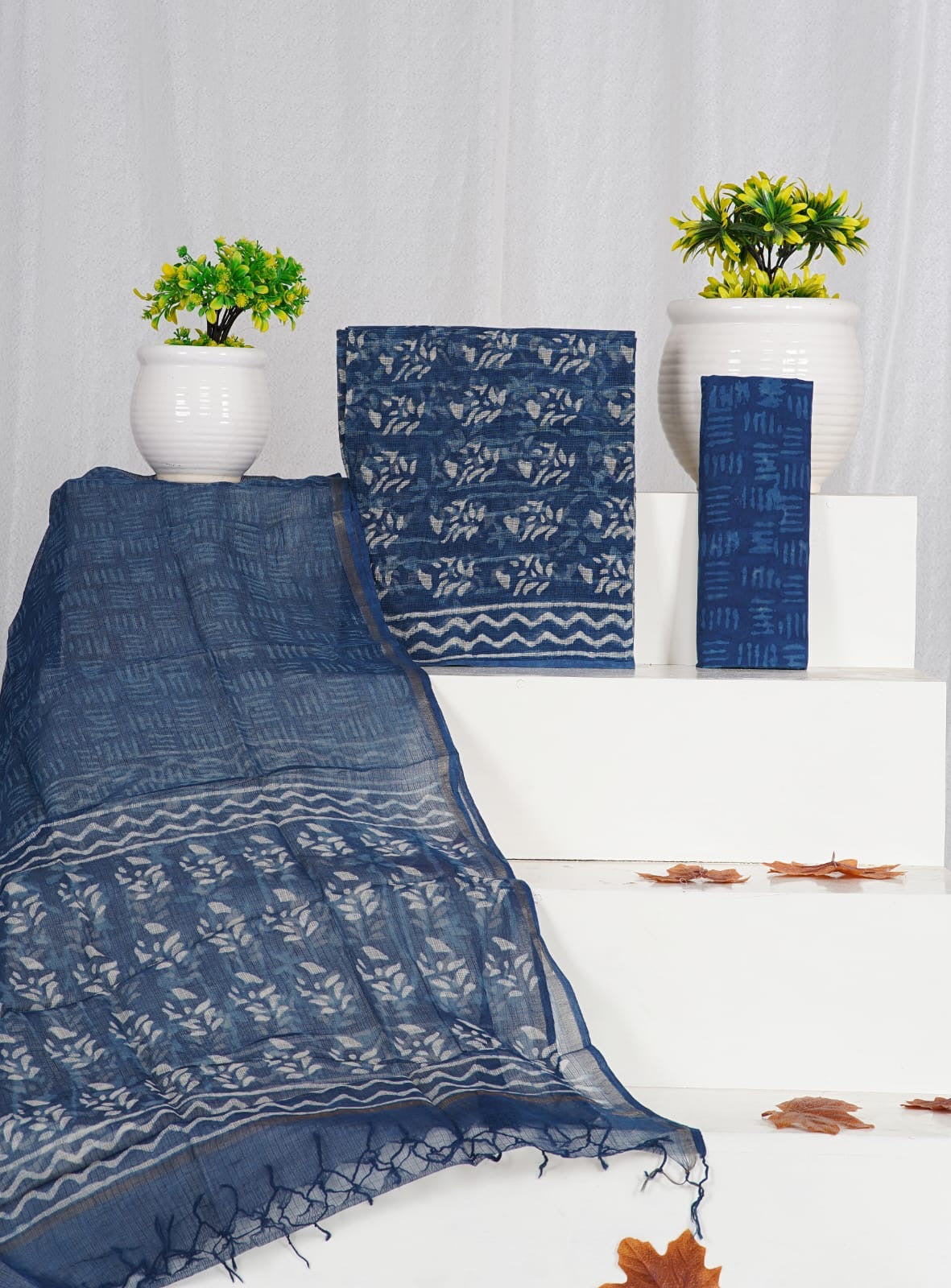Indigo Dabu Printed Kota Doria Suit Material With Kota Doria Dupatta with Jari Border