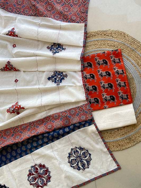 Ajrakh Dupatta suit With hand applique mirror work Ajarakh print Suit pcs with patch work and mirror work dupatta