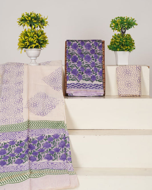 Premium Handblock Print Pure Chanderi Silk Unstitched Suit Set – Handwoven Zari Border | The Bhankar’s