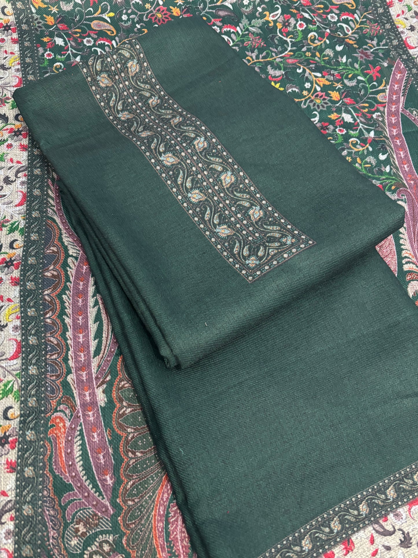 Green Panel Style Floral Printed Semi Pashmina Winter Suit Set