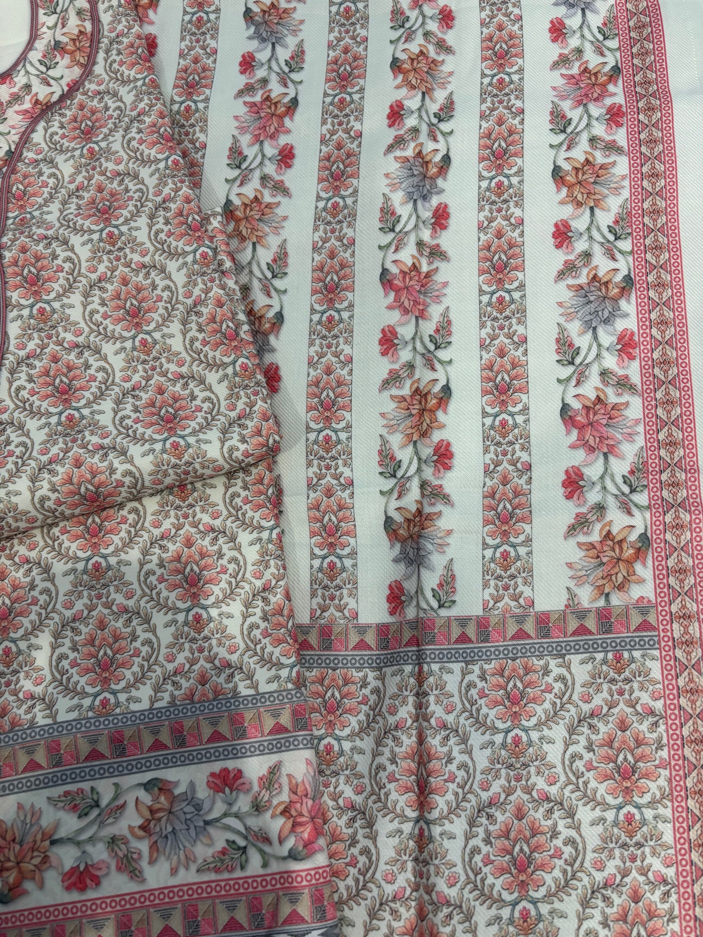 Off White Panel Style Floral Printed Semi Pashmina Winter Suit Set