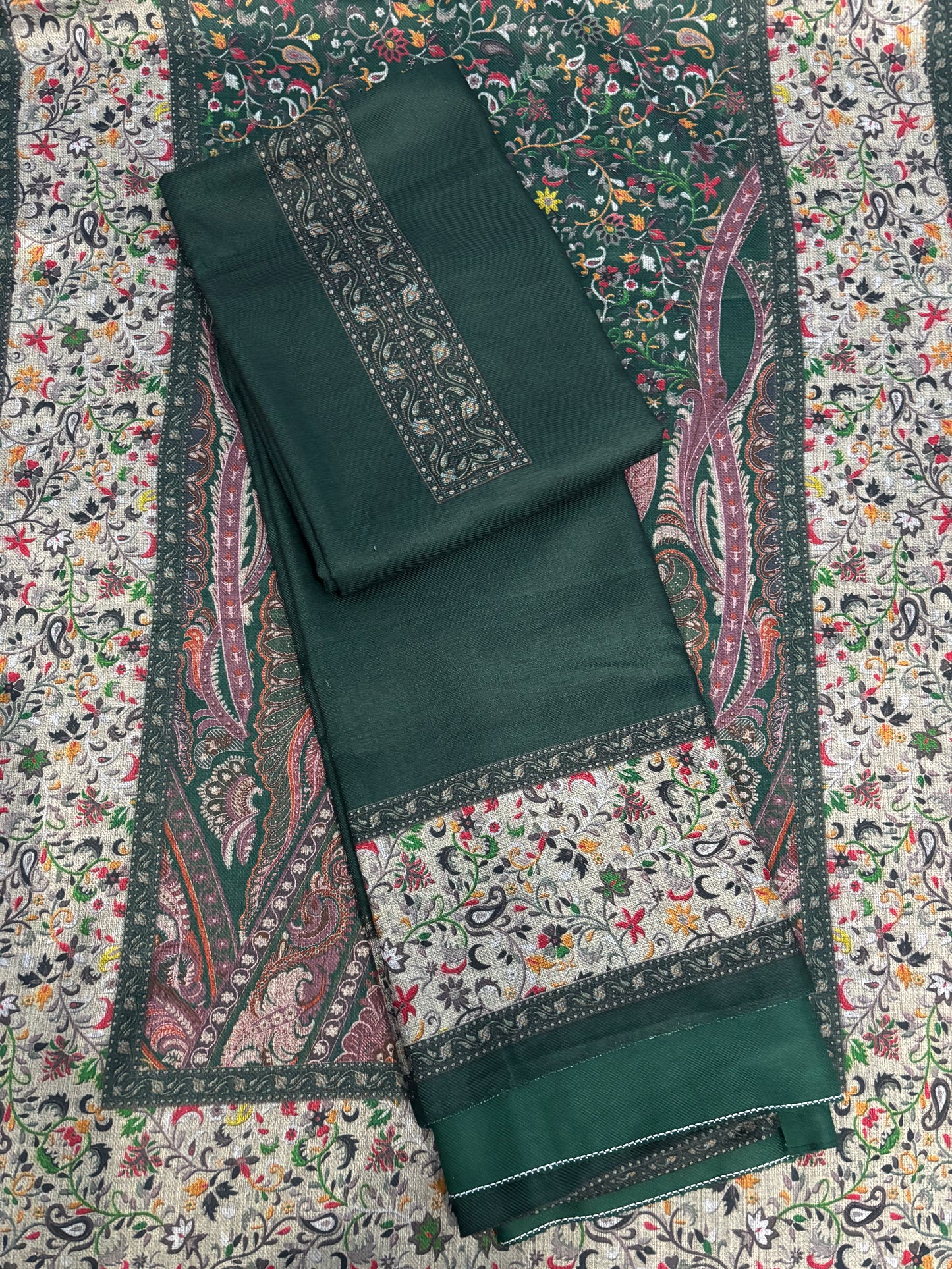 Green Panel Style Floral Printed Semi Pashmina Winter Suit Set