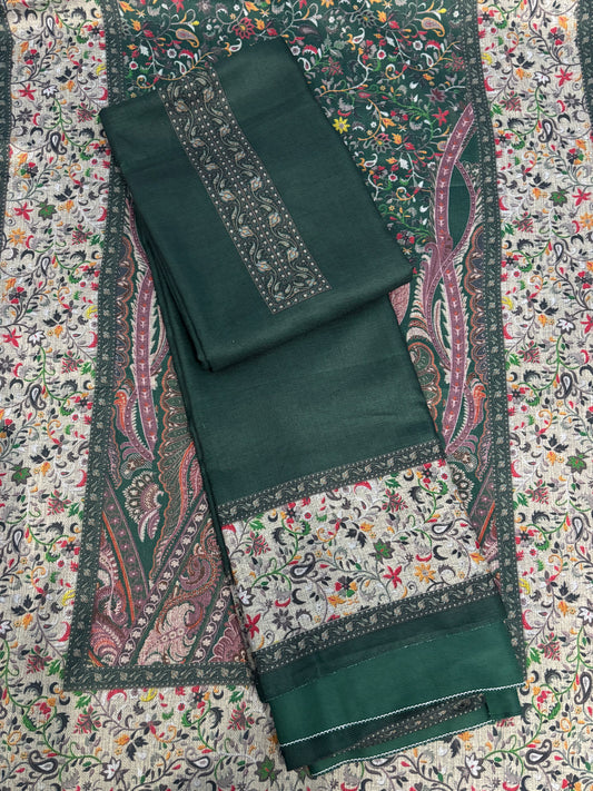 Green Panel Style Floral Printed Semi Pashmina Winter Suit Set
