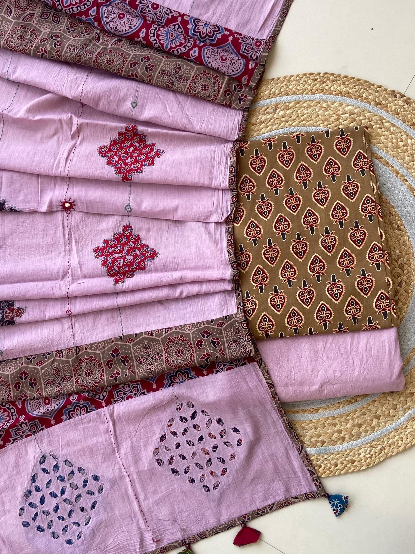 Ajrakh Dupatta suit With hand applique mirror work Ajarakh print Suit pcs with patch work and mirror work dupatta