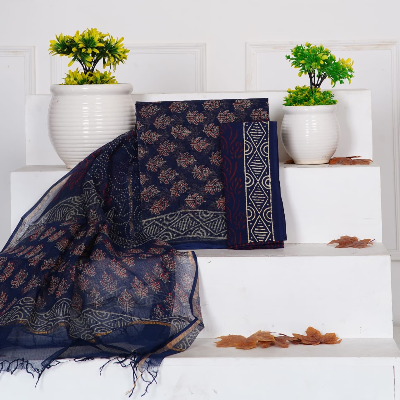 Blue Sanganeri Handblock Printed Kota Doria Suit Material With Kota Doria Dupatta with Jari Border