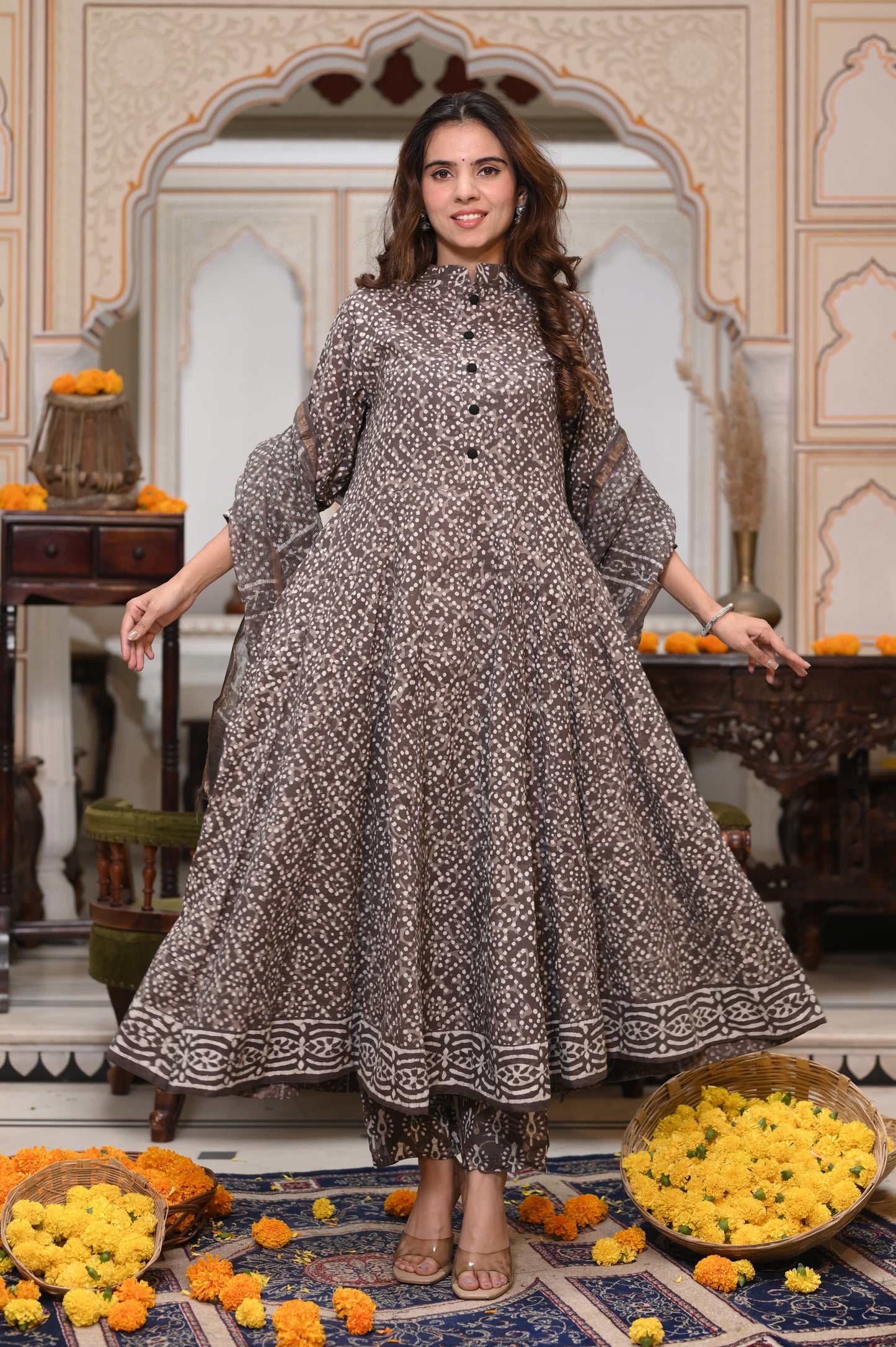 Bagru Handblock Printed Anarkali Set With Kota doria Dupatta with Zari Border