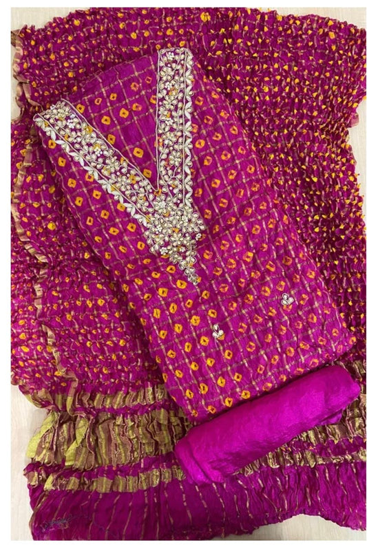 Rani/ Pink GHATCHOLA Neck BANDHANI Art SILK FABRIC SUITS WITH BEAUTIFUL HAND GOTAPATTI WORK DUPATTA