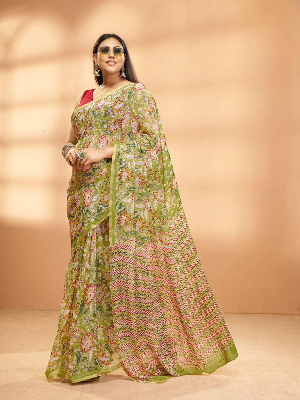 Exclusive Handblock Printed Pure Double Diamond Chiffon Floral Green Print | Premium Bemberg Silk Chiffon with Intricate Gold Zari Border