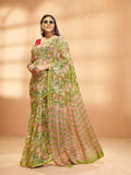 Exclusive Handblock Printed Pure Double Diamond Chiffon Floral Green Print | Premium Bemberg Silk Chiffon with Intricate Gold Zari Border