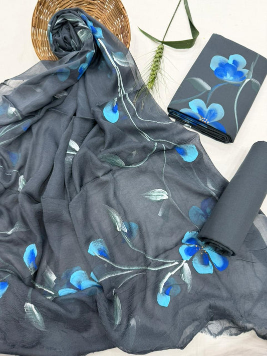 Grey Hand Painted Cotton Suit With Hand Painted Chiffon Dupatta