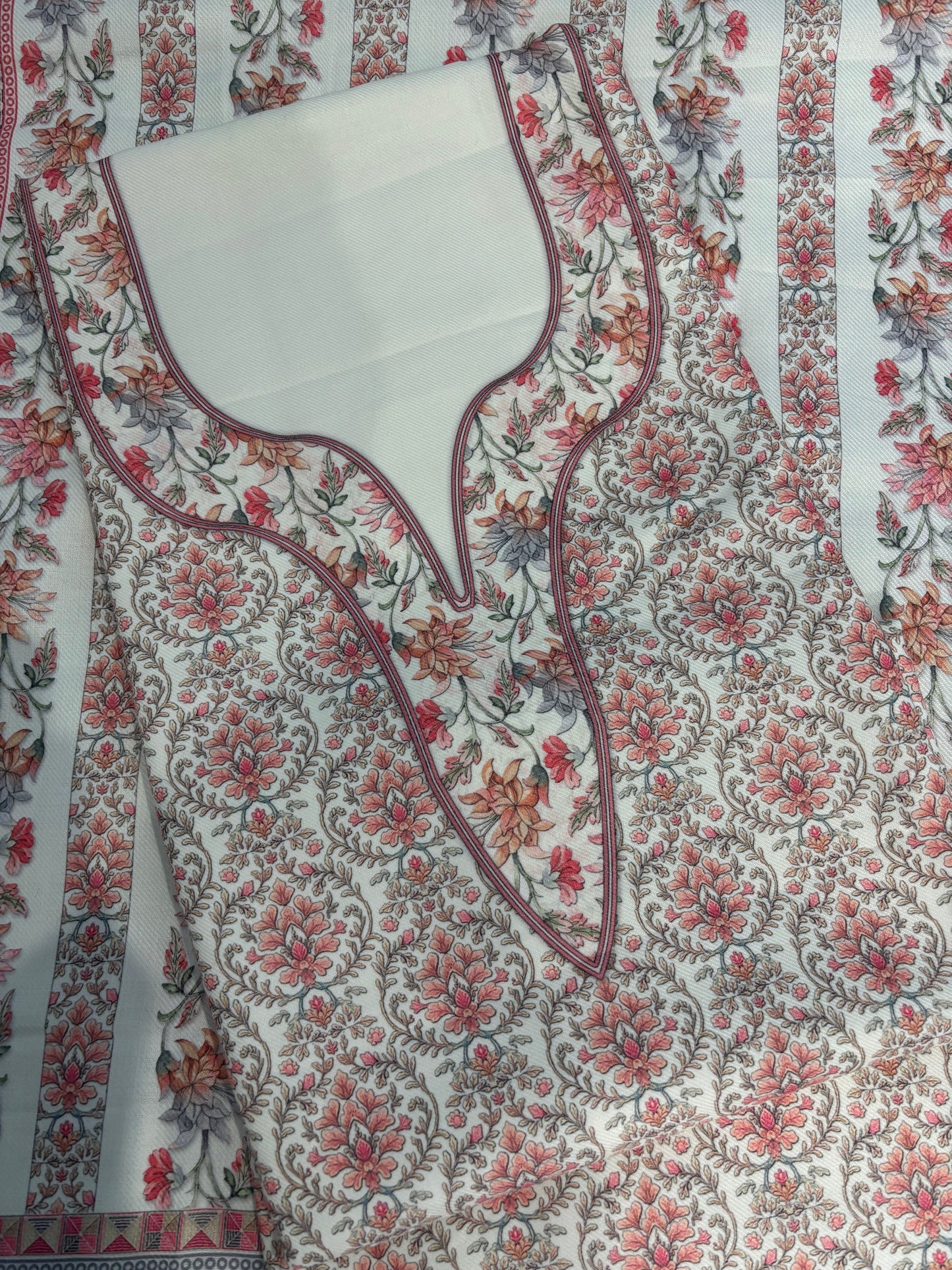 Off White Panel Style Floral Printed Semi Pashmina Winter Suit Set