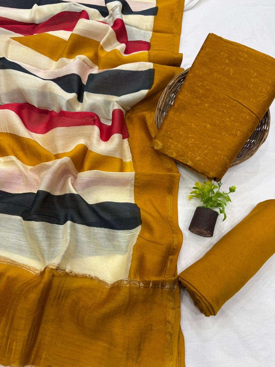 Premium Handblock Print Pure Chanderi Silk Unstitched Suit Set – Handwoven Zari Border | The Bhankar’s