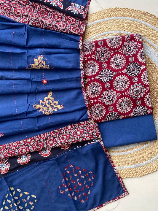 Ajrakh Dupatta suit With hand applique mirror work Ajarakh print Suit pcs with patch work and mirror work dupatta