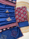Ajrakh Dupatta suit With hand applique mirror work Ajarakh print Suit pcs with patch work and mirror work dupatta