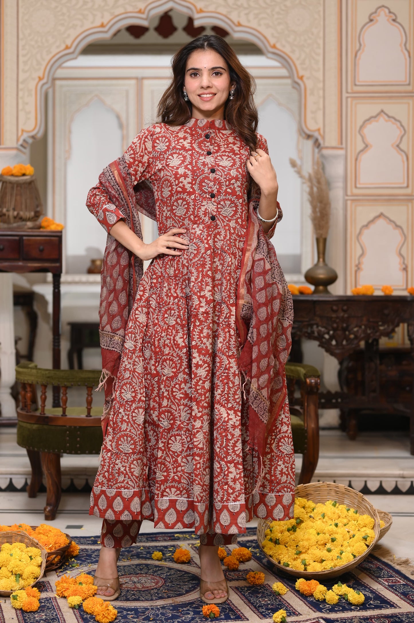 Bagru Handblock Printed Anarkali Set With Kota doria Dupatta with Zari Border