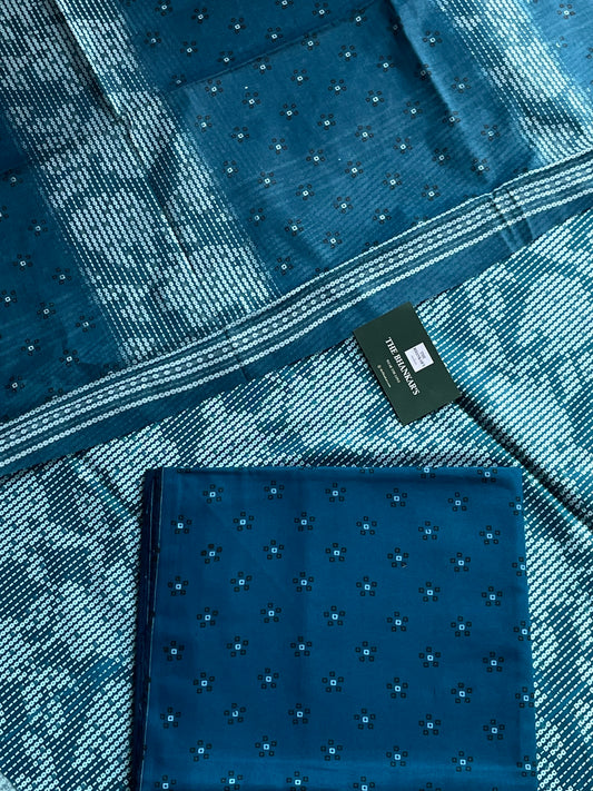 Sea Blue floral Beautiful Handblock Printed Cotton Suit With  Mulmul Cotton Dupatta