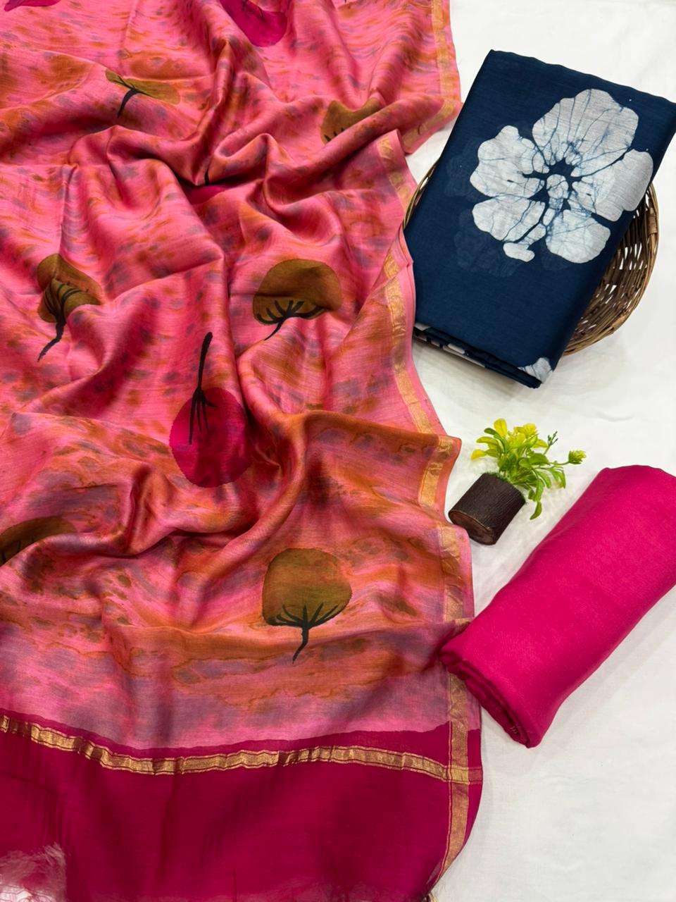 Premium Handblock Print Pure Chanderi Silk Unstitched Suit Set – Handwoven Zari Border | The Bhankar’s