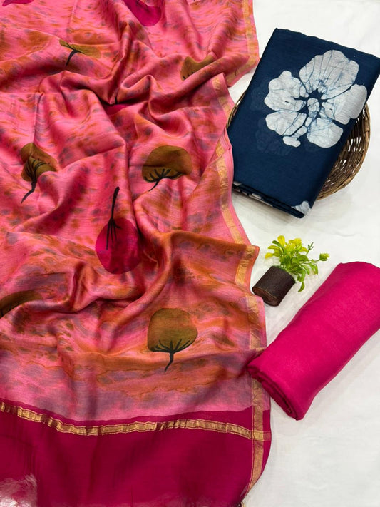 Premium Handblock Print Pure Chanderi Silk Unstitched Suit Set – Handwoven Zari Border | The Bhankar’s