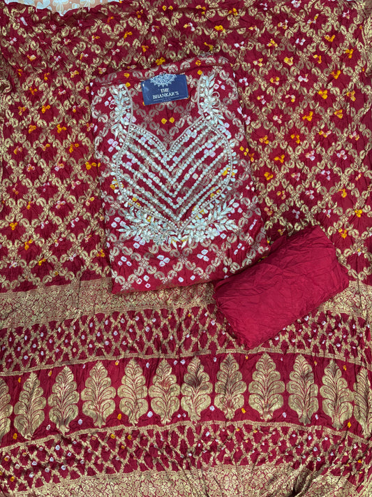 RED COLOUR GHATCHOLA BANDHANI BANARASI SILK FABRIC SUITS WITH BEAUTIFUL HAND GOTAPATTI WORK DUPATTA