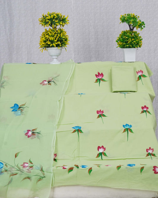Sea Green  Hand Painted Cotton Suit With Hand Painted Chiffon Dupatta