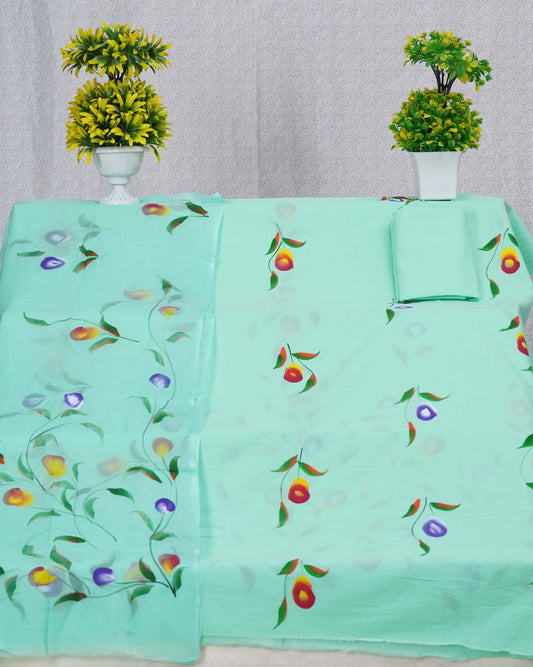 Sea Blue Hand Painted Cotton Suit With Hand Painted Chiffon Dupatta