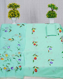Sea Blue Hand Painted Cotton Suit With Hand Painted Chiffon Dupatta