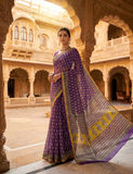 Exclusive Premium Handblock Printed Pure Double Diamond Chiffon Saree with Matching Blouse Piece – Royal Purple Traditional Design