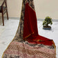 Exclusive Premium Handblock Printed Pure Double Diamond Chiffon Saree with Matching Blouse Piece – Ruby Red & Beige Floral Design