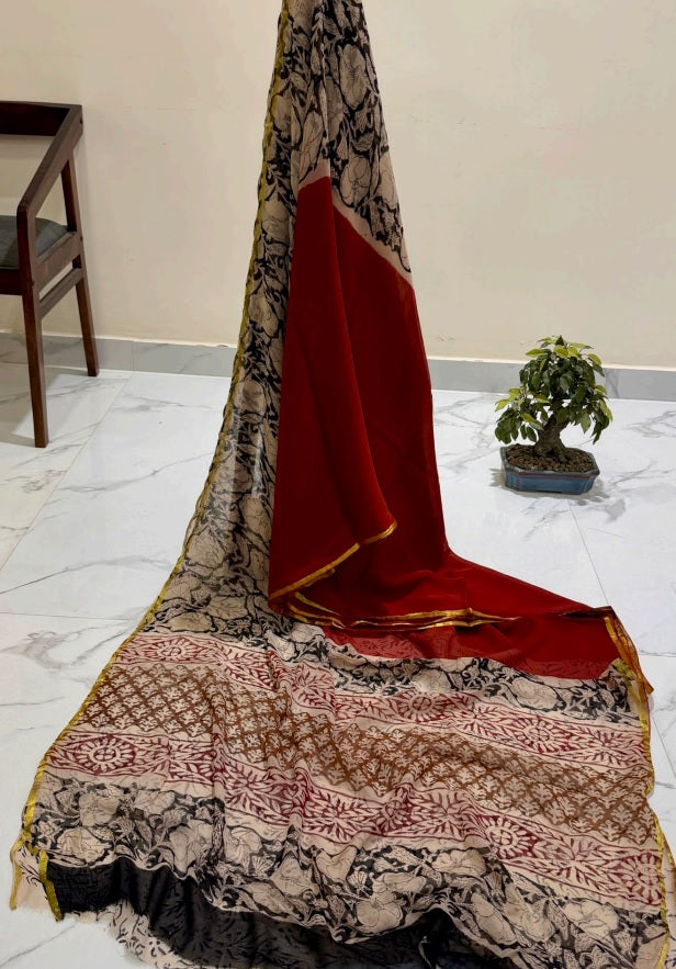 Exclusive Premium Handblock Printed Pure Double Diamond Chiffon Saree with Matching Blouse Piece – Ruby Red & Beige Floral Design