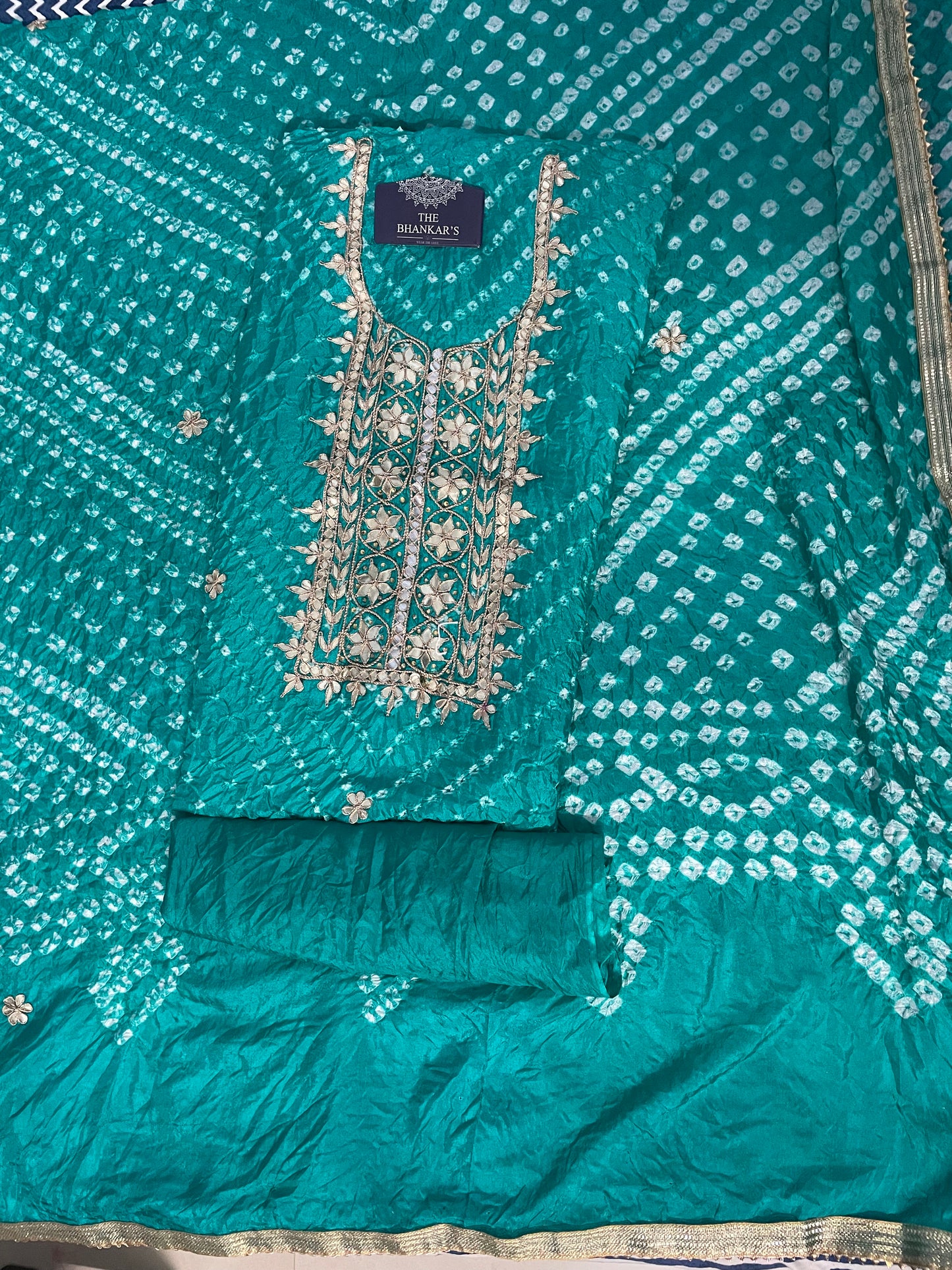 RAMA GREEN BANDHANI HEAVY ART SILK FABRIC DOUBLE SHADES SUITS WITH BEAUTIFUL HAND GOTAPATTI WORK DUPATTA