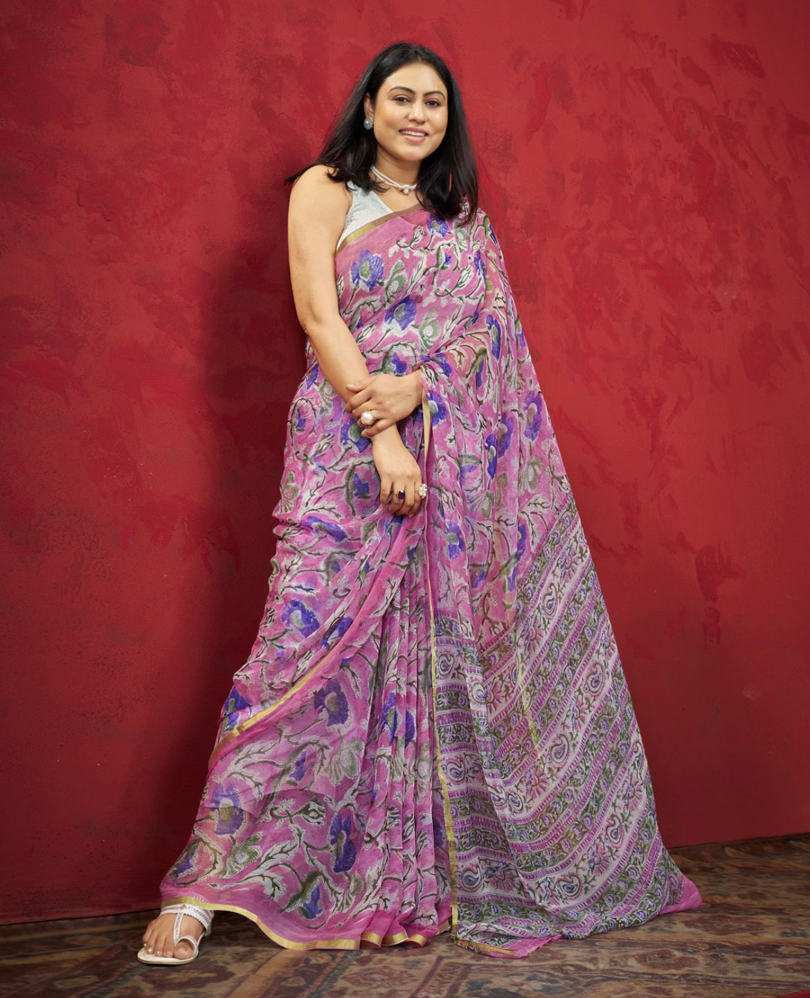 Exclusive Handblock Printed Pure Double Diamond Chiffon Saree in Pink Floral Print | Premium Bemberg Silk Chiffon with Royal Zari Border
