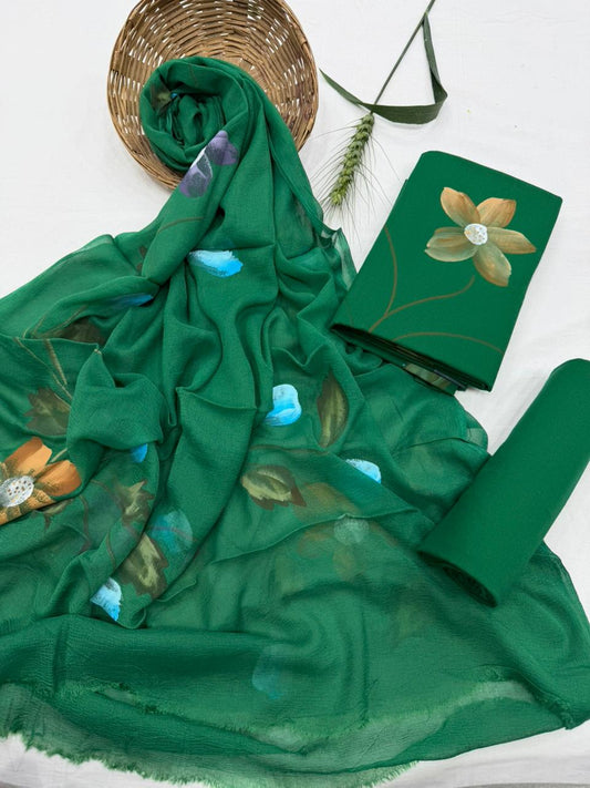 Green Hand Painted Cotton Suit With Hand Painted Chiffon Dupatta