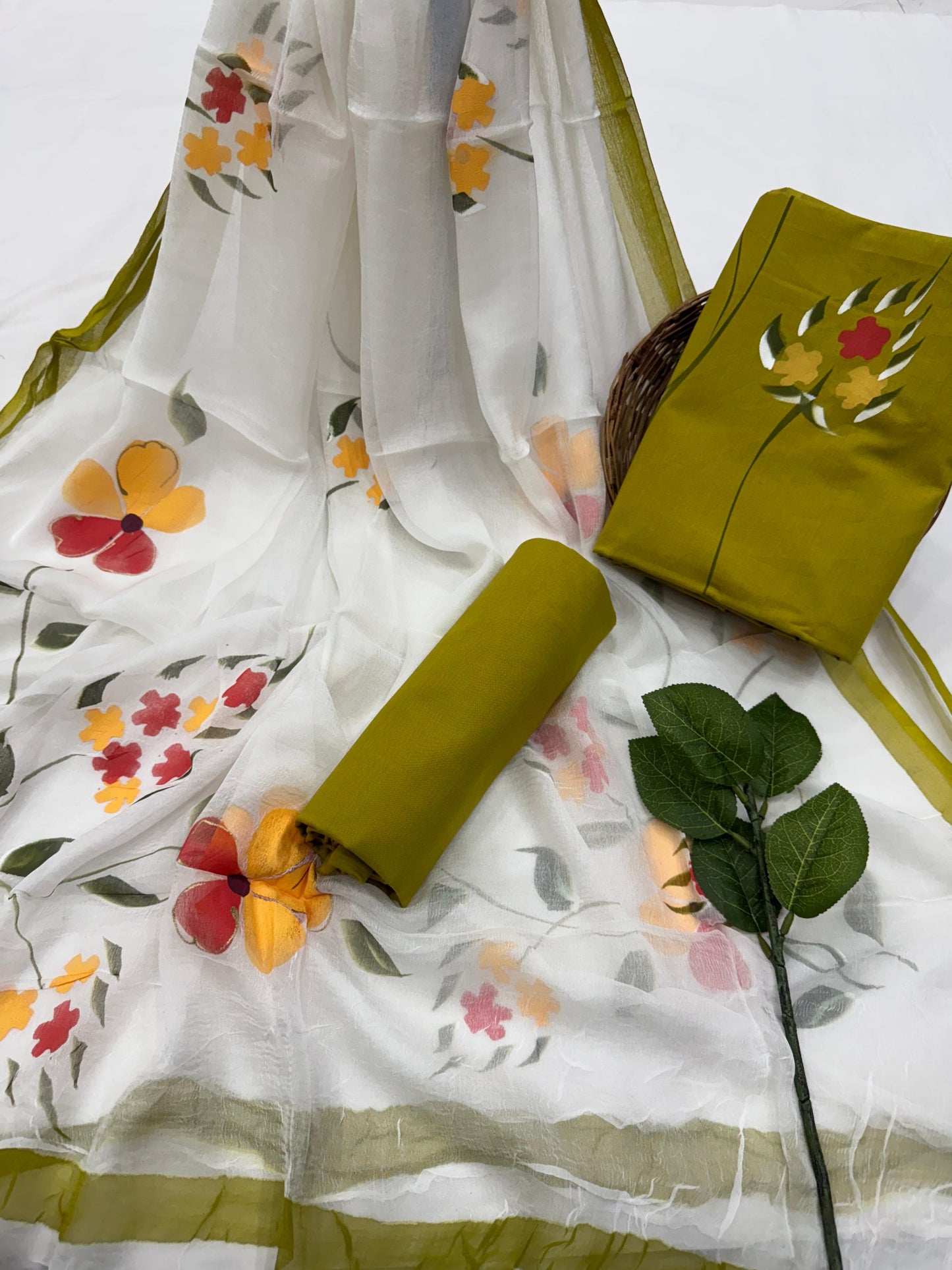 Mehndi and white combination Beautiful Hand Painted Cotton Suit With Hand Painted Chiffon Dupatta