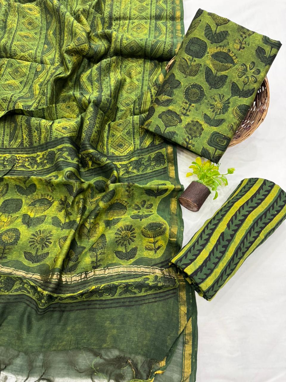 Premium Handblock Print Pure Chanderi Silk Unstitched Suit Set – Handwoven Zari Border | The Bhankar’s